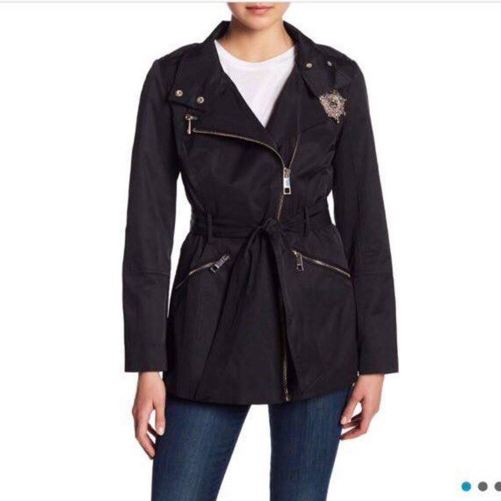 GUESS Short Black Zip Trench Coat With Belted Waist and Gold Accents - Size S